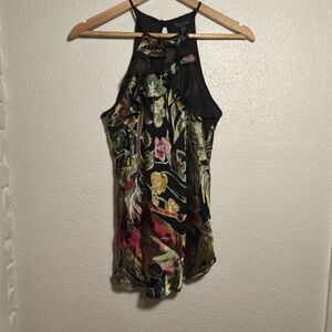 y2k Forever 21 Halter Ruffle Silk Burnout Floral Blouse sz M Black Glam Lux Fem